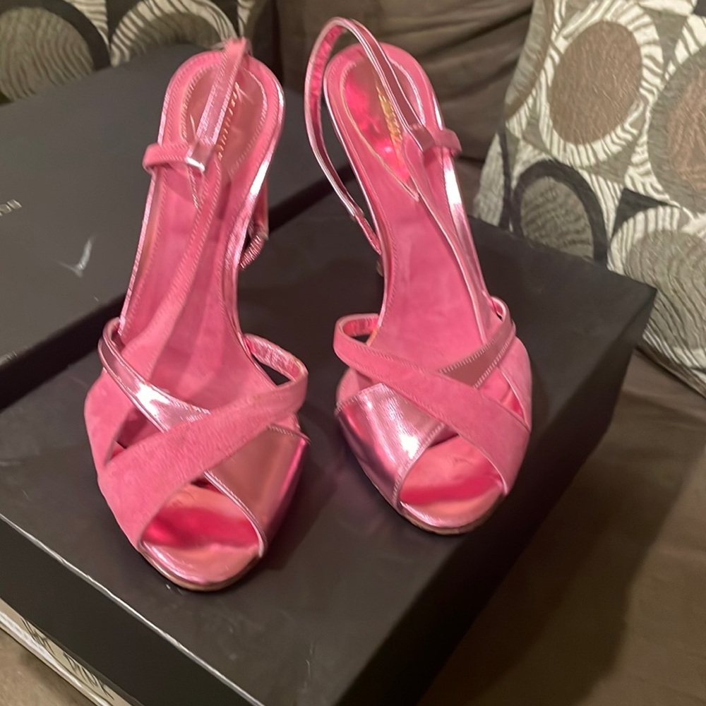 Hot pink sandals - suede and shiny metallic leather